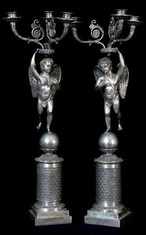 This magnificent pair of Carl Faberge silver figural candelabra could fetch $100,000 or more. Image courtesy of Fontaine’s Auction Gallery.